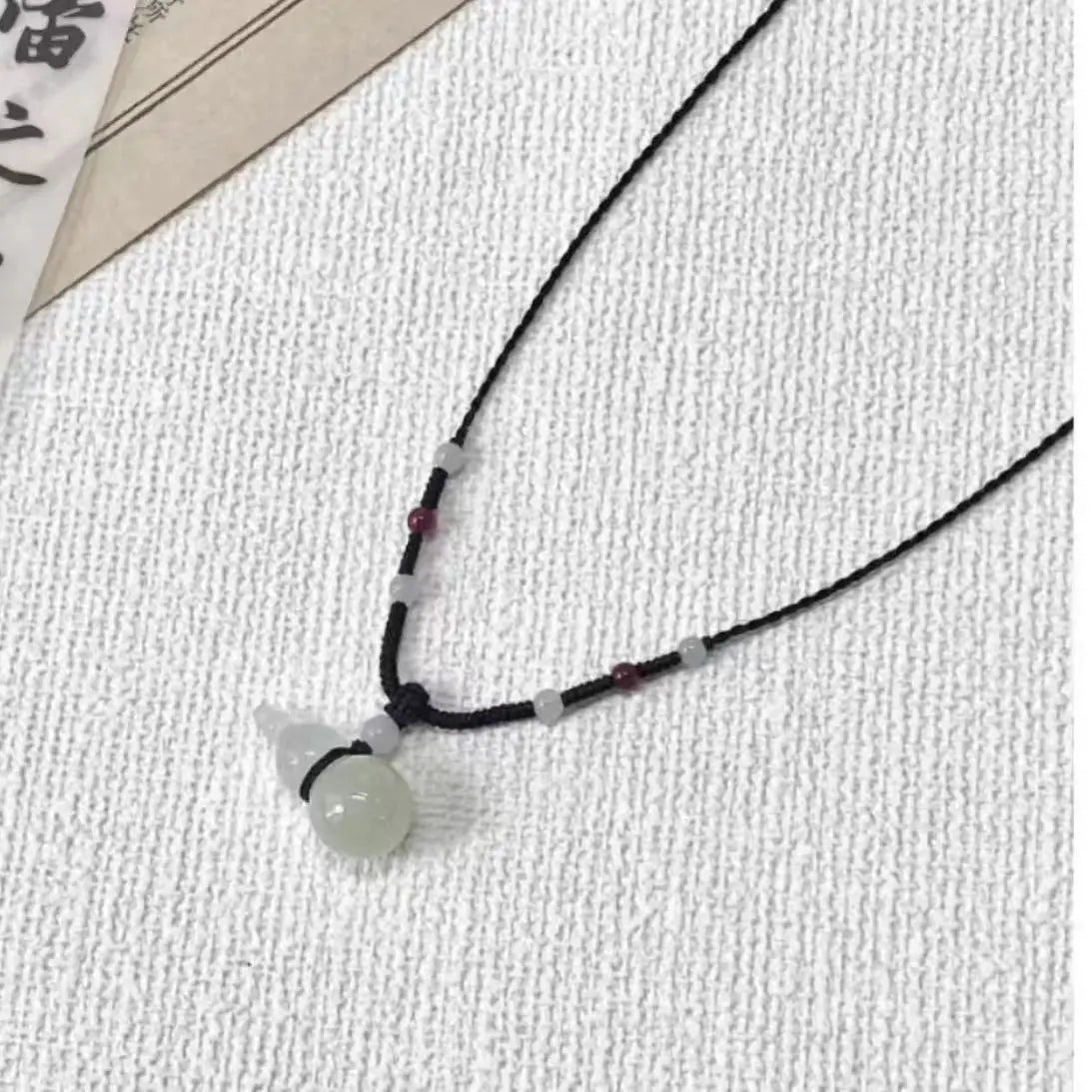 Lunivop Peace Buckle Pendant Necklace Hollow Jade Charms Necklace Chinese Style Clavicle Chain Leather Rope Sweater Necklace