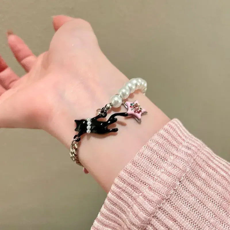 Lunivop Black Cat Pink Star Pendant Pearl Bracelets Women Y2k Cute Sweet Cool Ins Style Tide Sense Senior Girlfriends Bracelet Jewelry