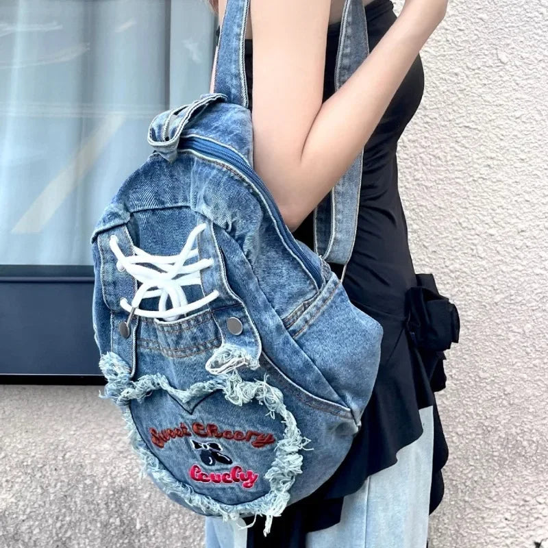 Lunivop Pink Y2k Womens Backpack Denim Fashion Cute Large Capacity Vintage Backpack Letter Embroidery Harajuku Style Aesthetic Bags