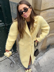 Lunivop Elegant Lapel Lamb Woolen Long Coats Women Casual Yellow Single Breasted Coat Female Autumn Winter Chic High Street Outwear Tops