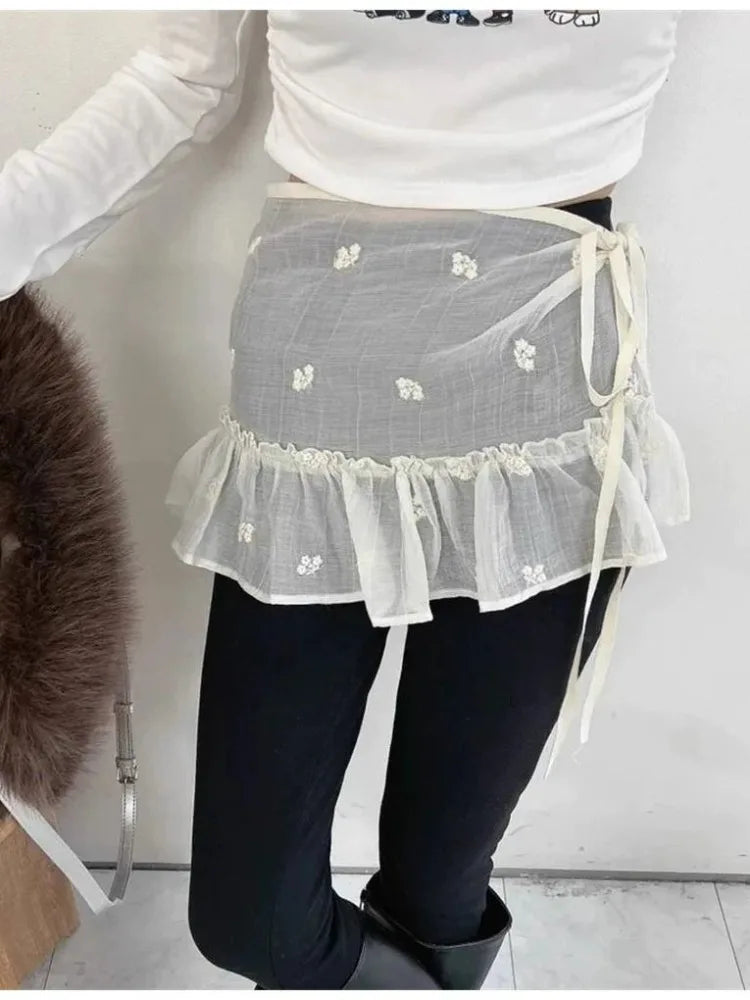 Lunivop  Y2k Sweet Embroidery Flower Skirts See Through Mesh Skirt for Women 2025 Summer New High Waist Lace Up Faldas Mujer
