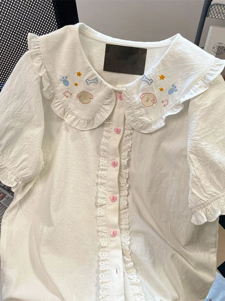 Lunivop  Lolita Cute White Shirt Women Vintage Short Sleeve Kawaii Blouse Japan Preppy Style Embroidery Peter Pan Collar Retro Tops