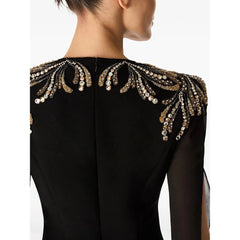 Lunivop  Black Jersey Evening Dress Crystal Long Sleeves Elegant Women's Long Dresses V-Neck Floor Length Evening Gowns