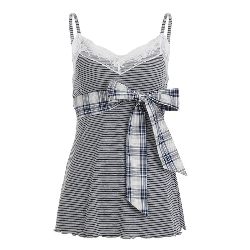 Lunivop  Sweet Girly Style Bow Stitched Plaid Lace Suspender Top V-neck with Bottoming Baby Doll Vest for Women