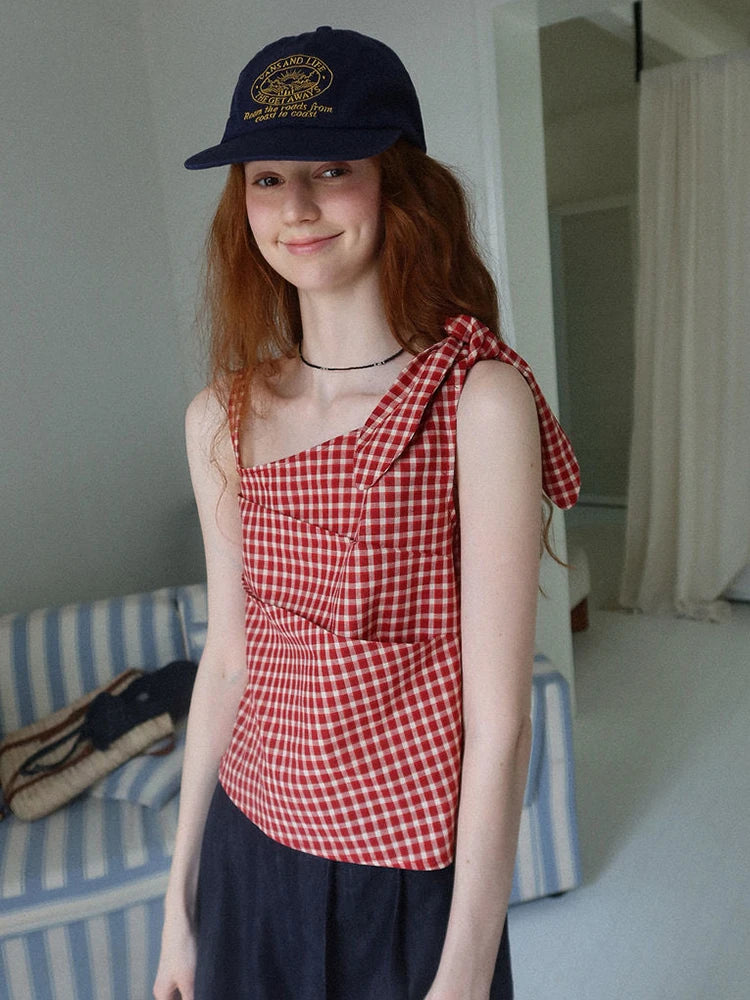 Lunivop American Retro Plaid Tanks Women Slim Sexy Off Shoulder Camis Tanks Cute Bow Vintage Female Summer Casual Y2K Tanks Tops