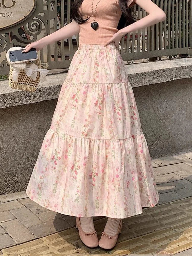 Lunivop  Cute Floral Long Skirts Women Elegant High Waist Retro Sweet Skirt Japan Casual Loose All Match Spring Summer Kawaii Skirt
