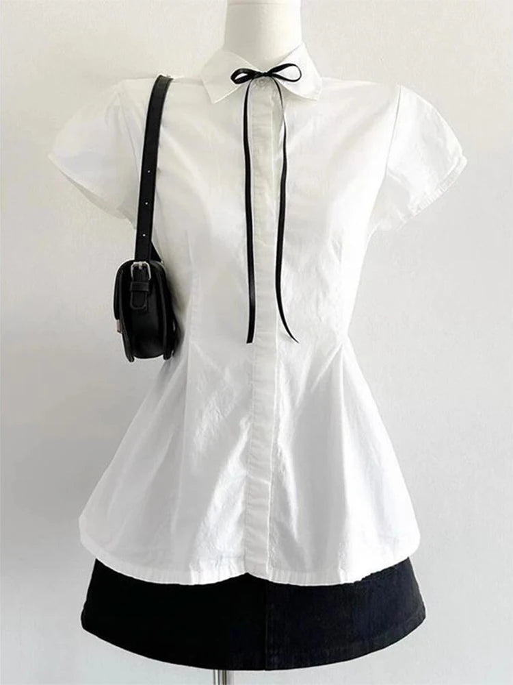 Lunivop  Elegant Bow Women Shirts Summer Short Sleeve White Preppy Style Blouse Tunic Bandage Simple Solid Korean Ladies Tops New
