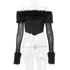 Lunivop  BKLD Sexy Y2K Hottie Faux Fur Patchwork Slash Neck Long-sleeved Open Back Bodycon Single-breasted Corset Cropped Tops Streetwear