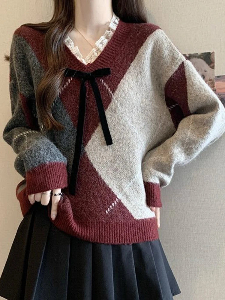 Lunivop Sweet Bow Argyle Sweaters Women Retro Preppy Style Loose Knitted Pullover Lace Patchwork Long Sleeve Female Vintage Jumpers Fall