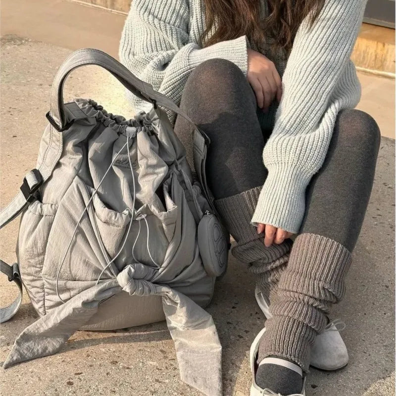 Lunivop Hot Girls Nylon Grey Handbag Y2k Women Retro Bow Large Capacity Casual Backpack Female Sweet Cool Backapcks Aesthetic