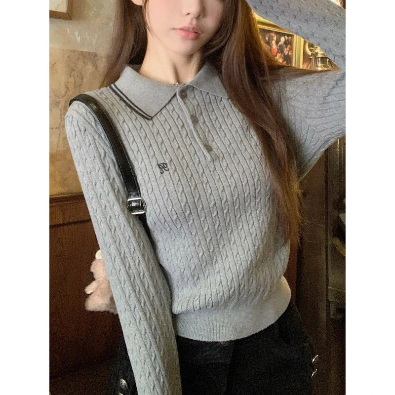 Lunivop Preppy Style Embroidery Sweaters Women Old Money Style Korean Knitted Pullover Vintage Long Sleeve Gray Polo Jumpers