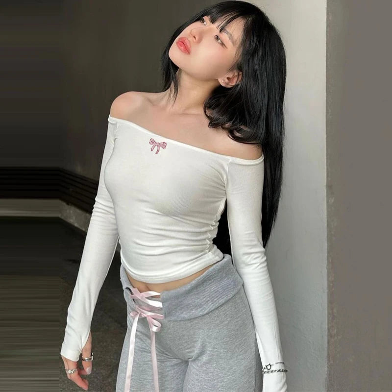 Lunivop Diamond Rhinestone Knit Rib Off The Shoudler Backless Stretch Hollow Out Tank Crop Top T Shirt Casual Streetwear Outfit
