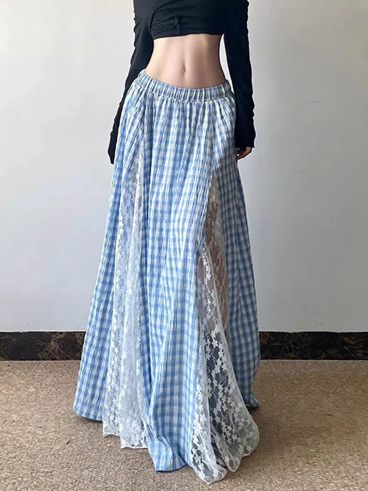 Lunivop  Lace Patchwork Plaid Long Skirts Women Vintage Loose Sexy A Line Skirt French Retro Elegant Lady Design Sweet Casual Skirt