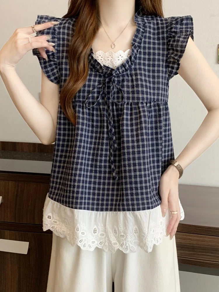 Lunivop  Lace Patchwork Plaid Shirt Women Casual Loose Flying Sleeve Vintage Blouse Preppy Style Sweet Korean Lady Retro Summer Tops