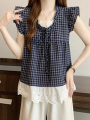 Lunivop  Lace Patchwork Plaid Shirt Women Casual Loose Flying Sleeve Vintage Blouse Preppy Style Sweet Korean Lady Retro Summer Tops