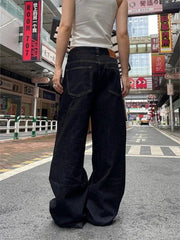 Lunivop Grunge Black Jeans Women Y2k Vintage Oversized High Street Wide Cargo Denim Trousers Casual Baggy Straight Denim Pants