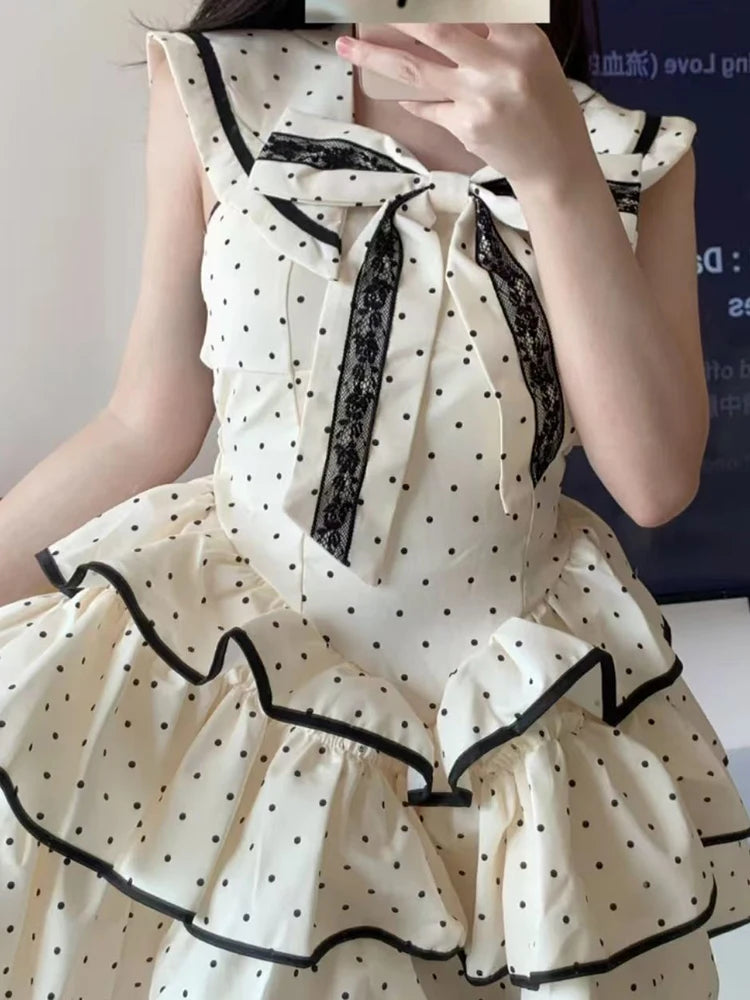Lunivop  Elegant Bow Women Dress Summer Preppy Style Sweet Print Dot Ladies Mini Dress Party Night Vestidos New