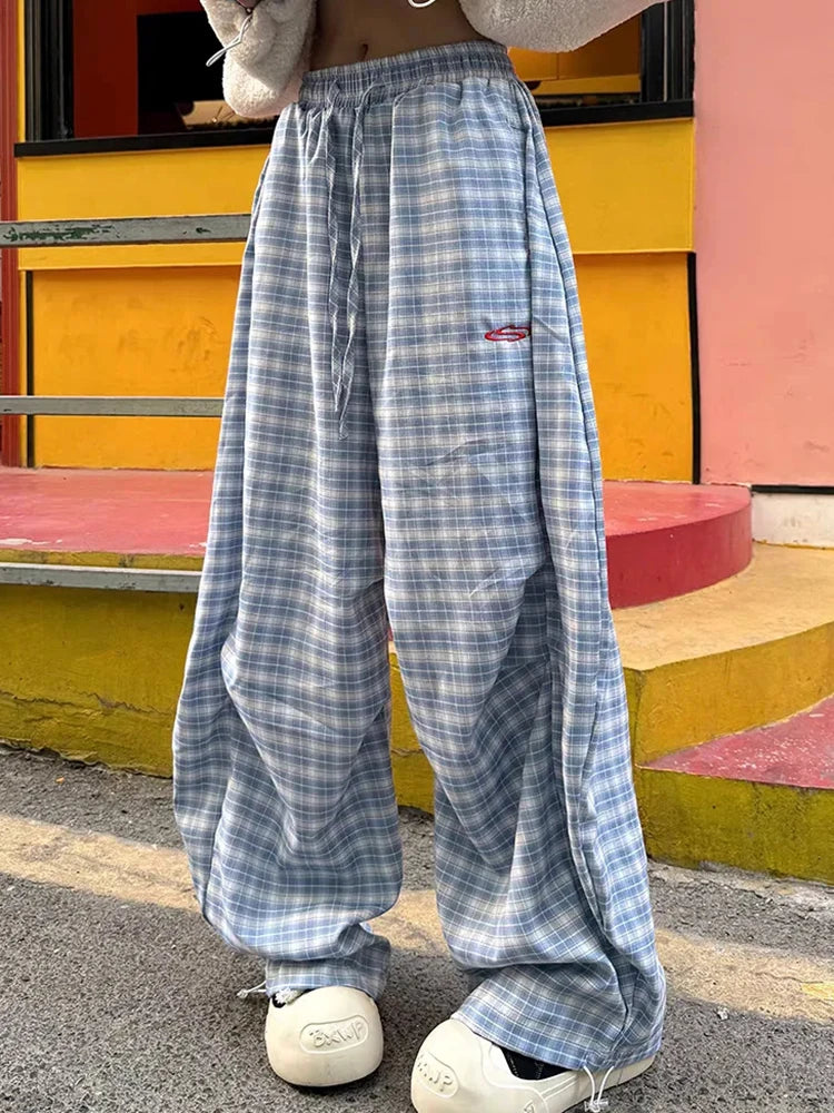 Lunivop  Streetwear Y2K Plaid Pants Women Vintage American High Waist Scimitar Pants Harajuku Oversize Loose Bf Casual Trousers New