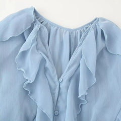 Lunivop  5 colors Fashion Cascaded ruffles V neck Open buttons Lantern Sleeve Shirt Women Loose Chiffon Blouse Tops