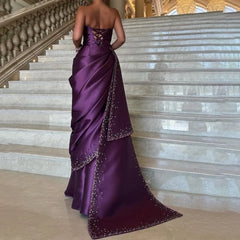 Lunivop  Grape Purple Evening Dress Customized Strapless Pleated Satin Sequin Mermaid Prom Gowns Lace-up Back Party Dress