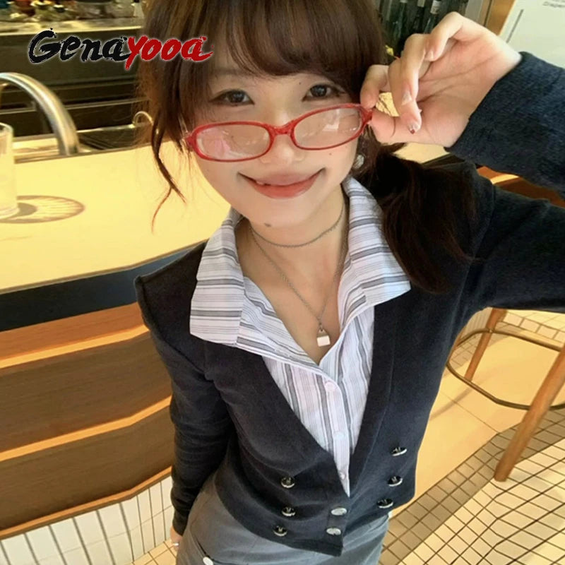 Lunivop Y2k Japanese Shirt Women Patchwork Long Sleeve Fake Two Pieces Tops American Retro 90s Gurnge Tops Tee Streetwear
