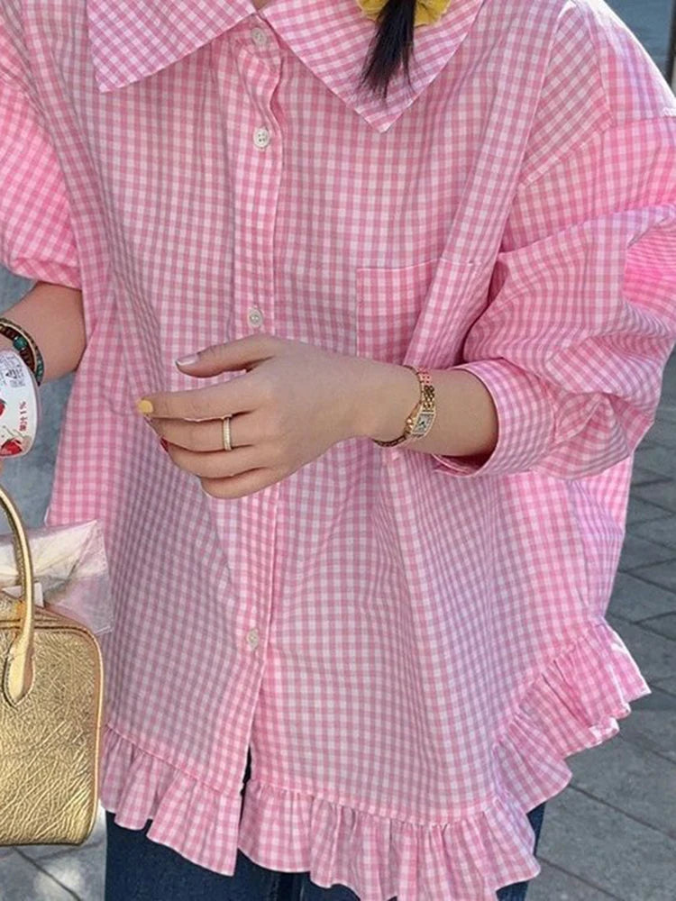 Lunivop Vintage Black Plaid Shirt Women Loose Sweet Preppy Style Long Sleeve Blouse Fall Casual Retro Cute All Match Female Tops New