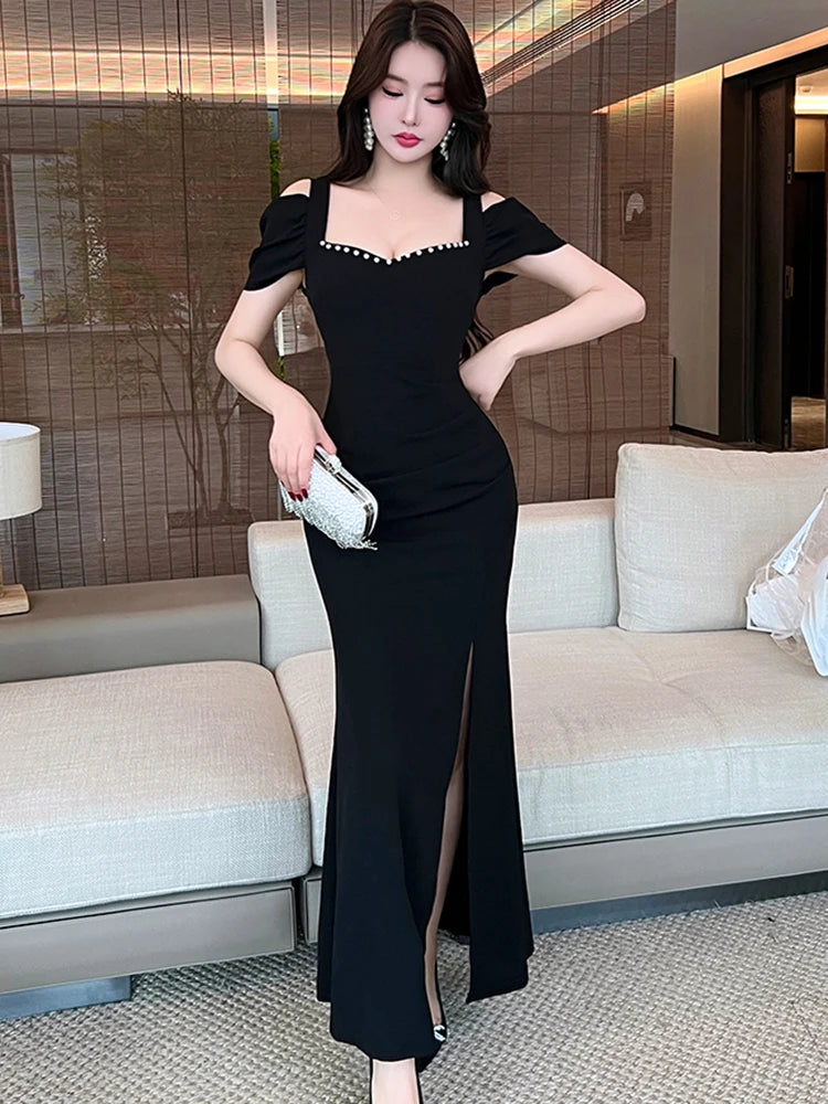 Lunivop  Women Red Diamonds Square Collar Sexy Maxi Dress Summer Short Sleeve Elegant Festival Party Dress Korean Vintage Prom Dress