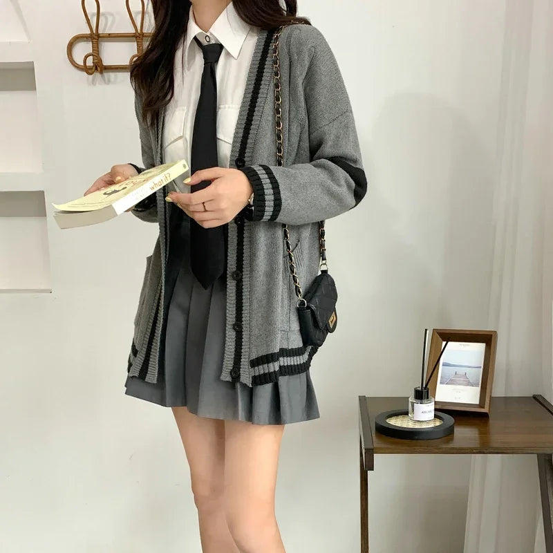 Lunivop Knit Cardigan for Women Long Sleeve Button-up with Contrast Trim Sweater Jacket Varsity High School Teen-girl Preppy Chic Outfit