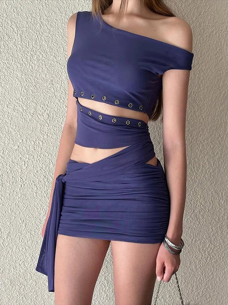 Lunivop  Cutenew Wild Hottie 2 Piece Set Women Metal Hollow Off-Shoulder Bandage Sleeveless Tank Top+Ruched Skirt Trend Party Clubwear