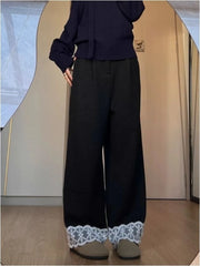 Lunivop  Fall Winter Korean Style Lace Trim Casual Pants Women Loose High Waist Wide Leg Pants Thick Warm Straight Fit Long Trousers