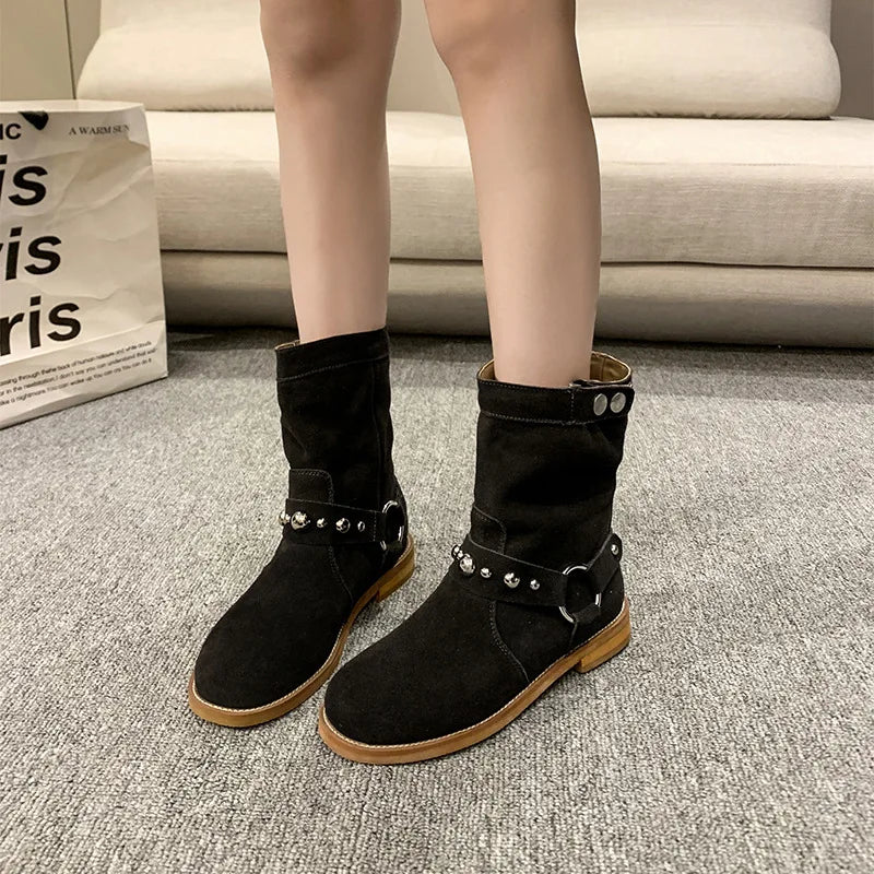 Lunivop New Women Suede Leather Ankle Boots Square Low Heels Pointed Toe Western Cowboy Boots Woman Autumn Winter Buckle Short Booties