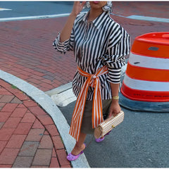 Lunivop  Spliced Belt Stripe Shirt Lapel Collar Long Sleeve Autumn Women Street Casual Daily Blouse Fashion Chic Trendy Ladies Top