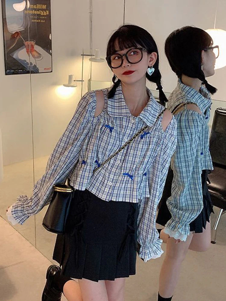 Lunivop Sweet Bow Hollow Out Shirt Women Long Sleeve Lace Patchwork Blouse Korean Cropped Fashion Elegant Female Design Plaid Tops