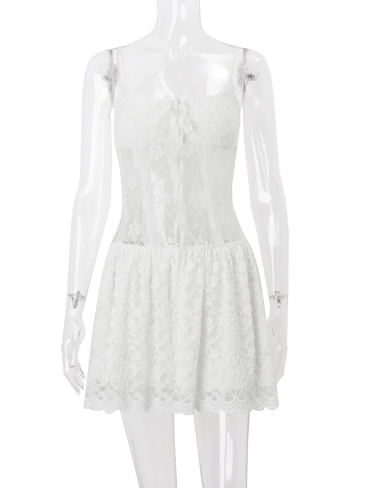 Lunivop Sexy See Through Lace Women Dress White Spaghetti Strap Printed Floral Dress Female Autumn Skinny Elegant Party Clubwear