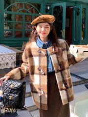 Lunivop Vintage Faux Woolen Plaid Coat Women Fall Winter Long Sleeve Sweet Jacket Retro Preppy Style Korean Elegant O Neck New Tops