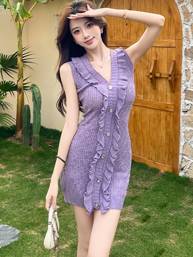 Lunivop  Summer Purple Knitted Ruffled V-Neck Mini Dress Women Elegant Bodycon Sleeveless Dress 2025 New Korean Fashion Casual Home Dress