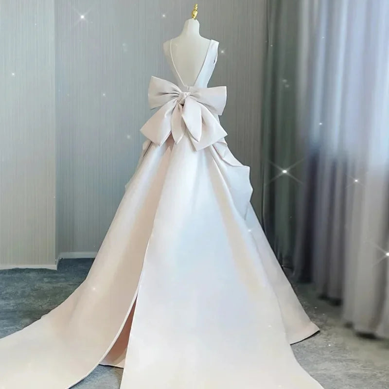 Lunivop  Vintage Satin Wedding Party Dress Sleeveless French Simple Fairy Slim Waist Prom Robe V-neck Back Bow Design Evening formal dress