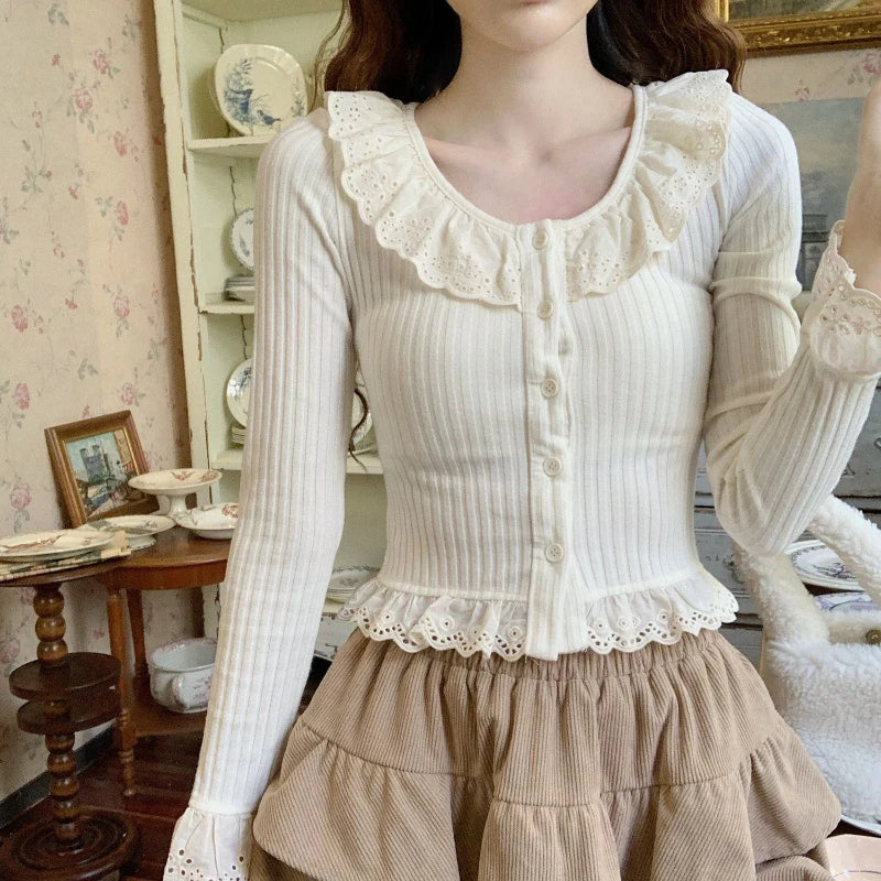 Lunivop Korean Style Sweet T-Shirts Women Elegant Lace Kawaii Long Sleeve Tops Autumn Winter Cutecore Female Solid T-Shirts