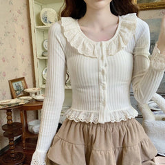 Lunivop Korean Style Sweet T-Shirts Women Elegant Lace Kawaii Long Sleeve Tops Autumn Winter Cutecore Female Solid T-Shirts