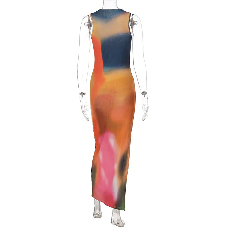 Lunivop Tie Dye Print O Neck Sleeveless Slit Midi Slim Bodycon Elegant Dresses For Women 2024 Summer Autumn Fashion Clothes