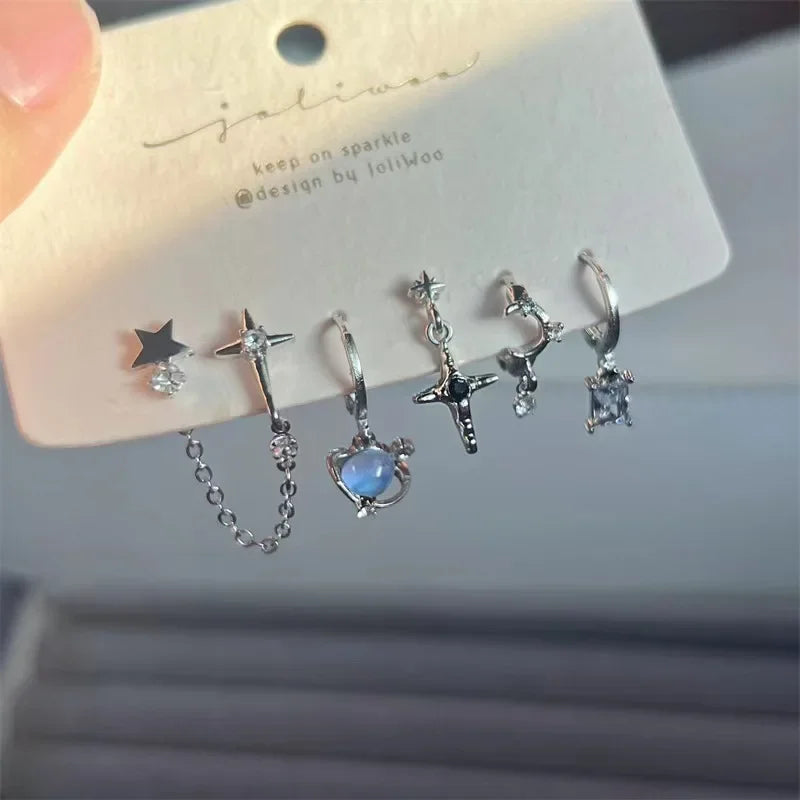 Lunivop 6Pcs/Set Fashion Blue Crystal Star Star Drop Earrings Set for Women Exquisite Zircon Star Chain Earring Y2K Jewelry Gift Brincos