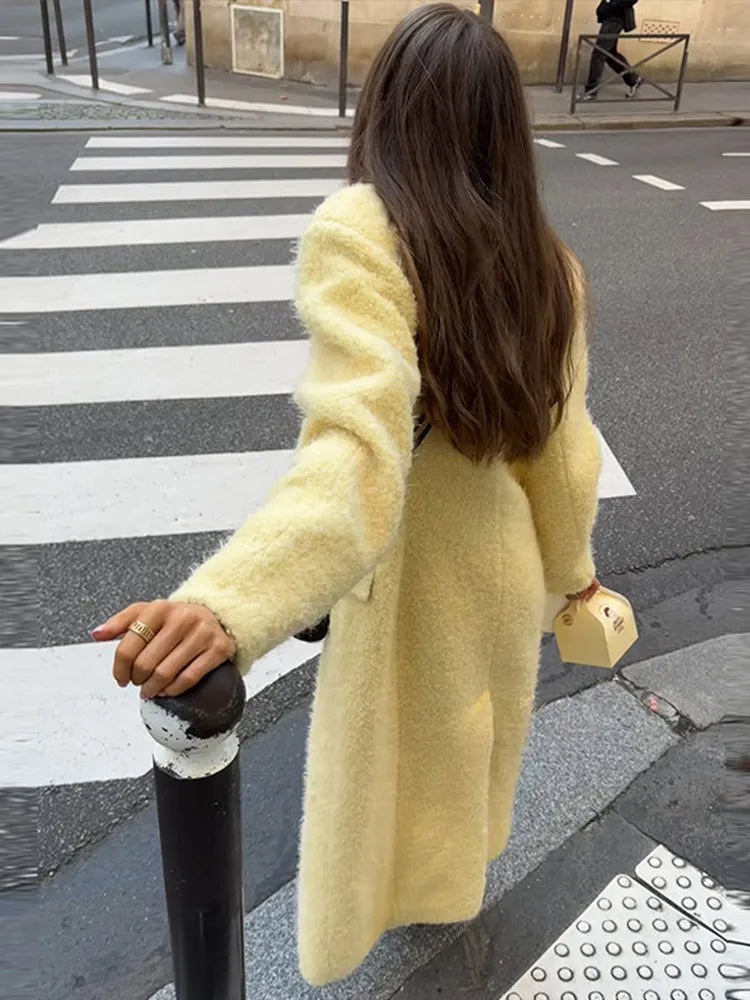 Lunivop Elegant Lapel Lamb Woolen Long Coats Women Casual Yellow Single Breasted Coat Female Autumn Winter Chic High Street Outwear Tops