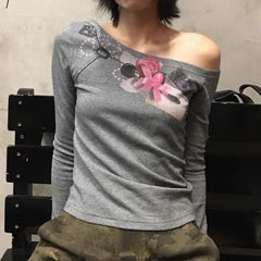 Lunivop  Off Shoulder Printed Long Sleeve Tshirts Women Vintage Slim Fit Versatile Crop Top Korean Fashion Y2k Aesthetic Tees