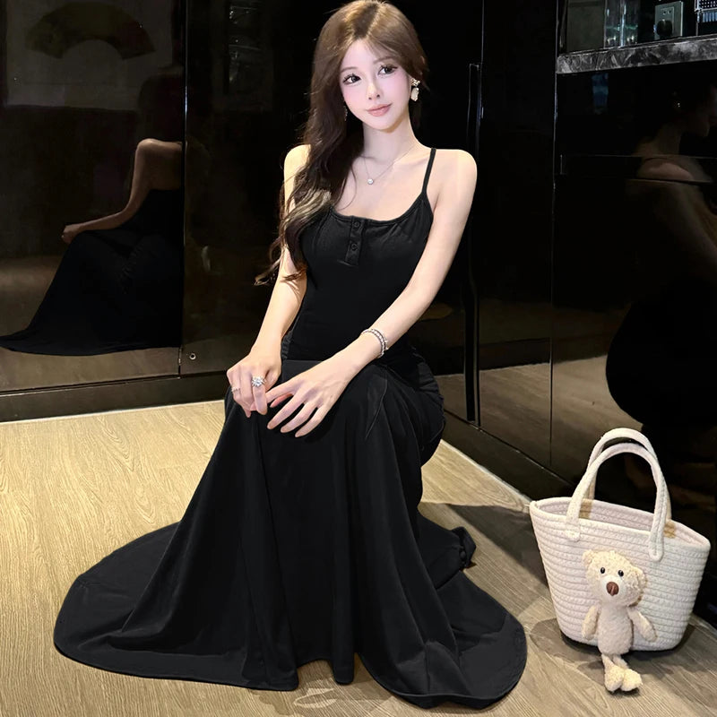 Lunivop  Summer Solid Elegant Sling Maxi Dress Women Fashion Chic Ruffled Mermaid Dress 2025 Korean Elegant Bodycon Luxury Evening Dress