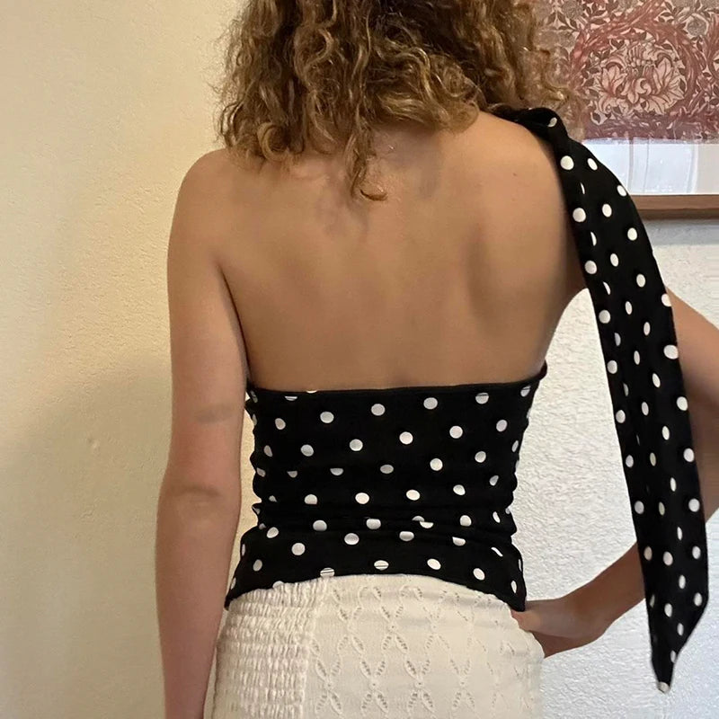 Lunivop  Asymmetrical Polka Dot Tank Top with Scarf Chic Sleeveless Skinny Black Cropped Tops Women Casual Streetwear Tee y2k Vest