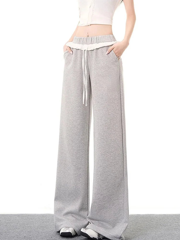 Lunivop Elegant Vintage Gray Sweatpants Women High Waist Korean Sweet Wide Leg Pant Fall Retro Loose Ruffles Pockets Lady Trousers