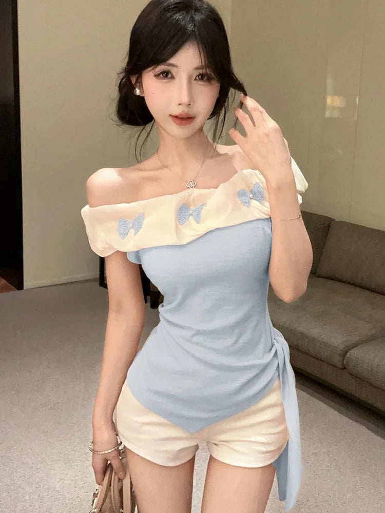 Lunivop  Sexy Off Shoulder Slim T Shirt Women Elegant Fashion Slash Neck Sweet Tees Korean Lace Up Design Irregular Butterfly Tops