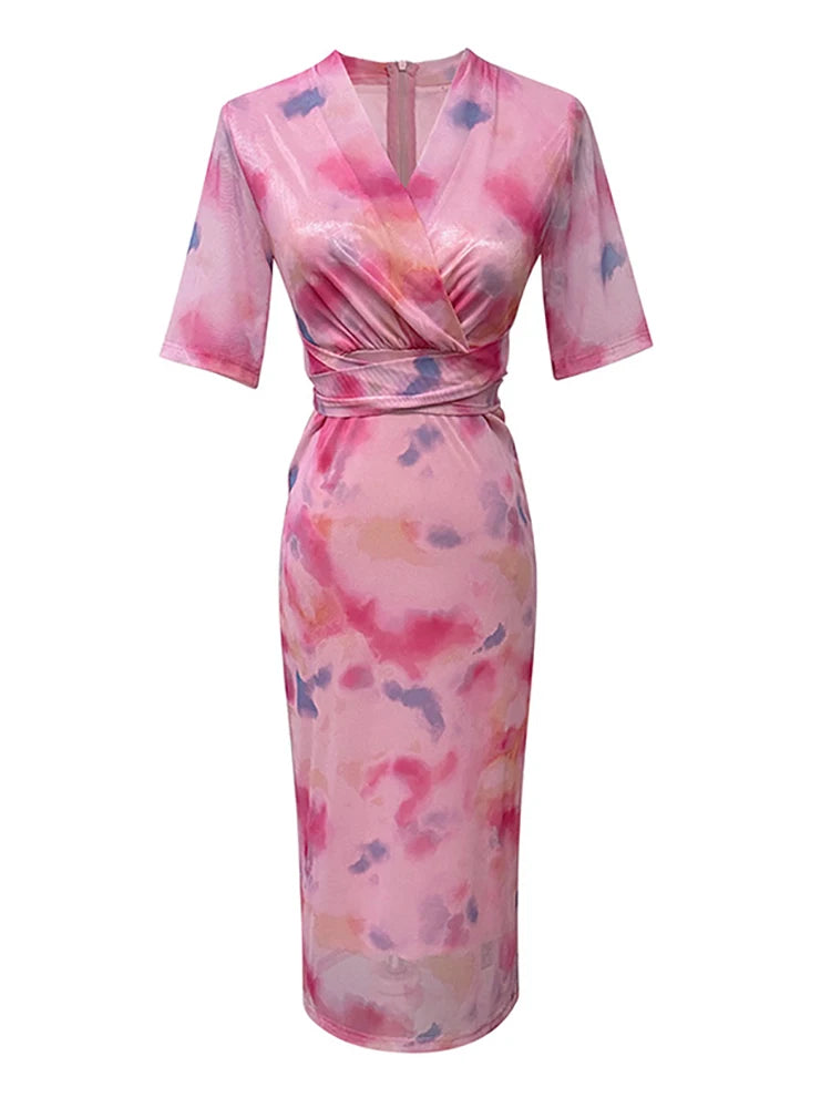 Lunivop  Korean Fashion Bodycon Bow Bandage Long Dress Summer Pink Print Mesh Casual Dress Women Elegant Chic Festival Party Dresses