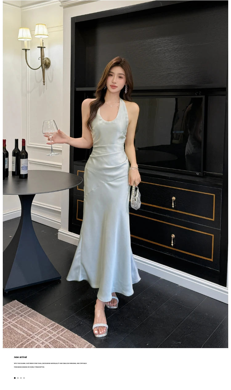 Lunivop Elegant Satin Solid Women's Dresses Sexy Halter V-neck  Female Clothing Formal Occasion New Sleeveless Evening Party Long Dress