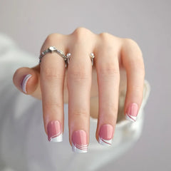 Lunivop  24pcs French White Nails Acrylic Press on With Design Short Square False Nails with Charms Stripe Simple Nail Tips Wholesale